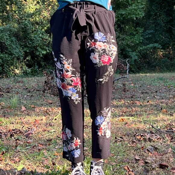 Upcycled Black Pants, Boho Floral Patchwork Pants with Raw Edge Details - Picture 6 of 9